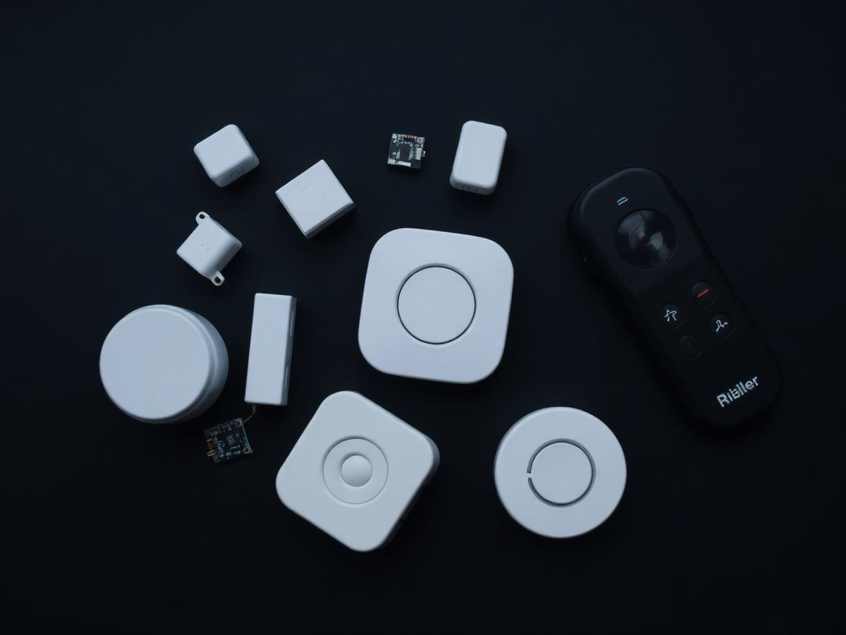 Flat lay de dispositivos smart home organizados em superfície escura
