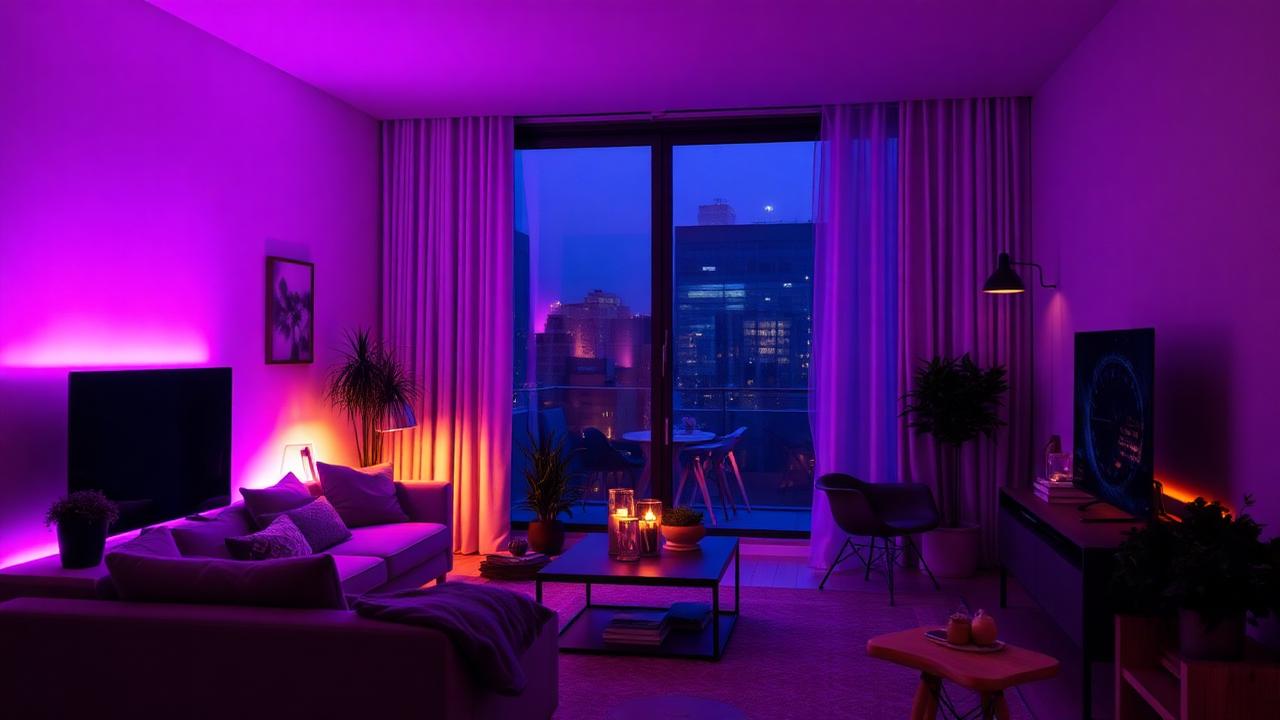 Studio moderno à noite com iluminação ambiente inteligente