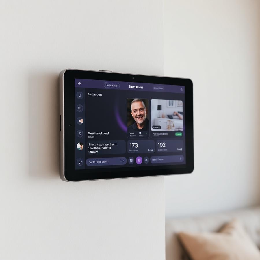 Tablet fixado na parede em apartamento minimalista mostrando app de casa inteligente