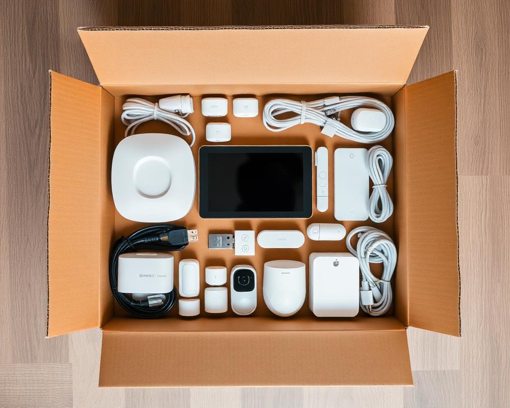 Vista superior de uma caixa aberta com kit de automação residencial organizado dentro