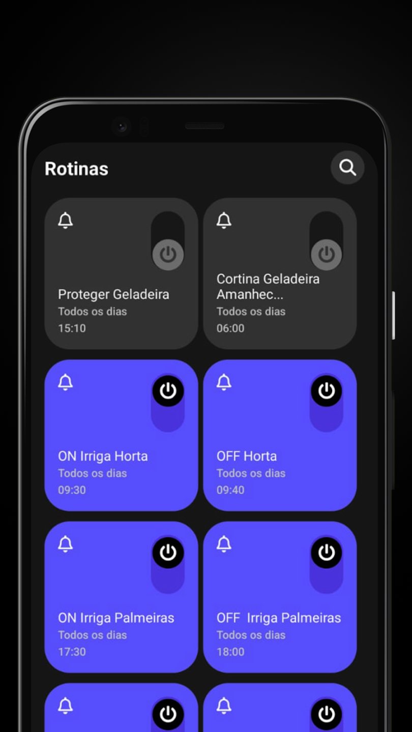 Tela de smartphone mostrando app de casa inteligente com seleção de cenas Trabalho, Cinema, Dormir e Sair