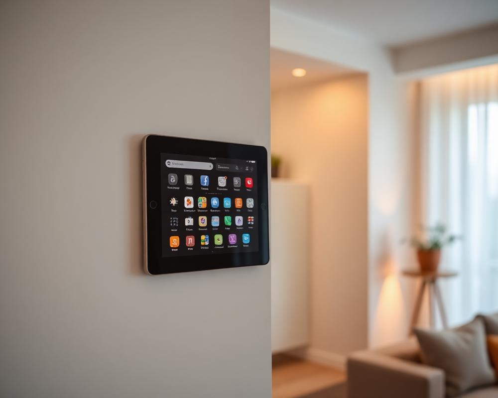 Tablet fixado na parede de um studio minimalista com iluminação ambiente quente